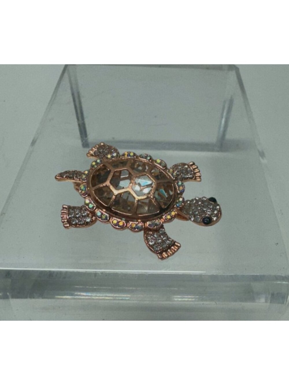 Rhinestone Turtle Broach Pin-White & Goldtone